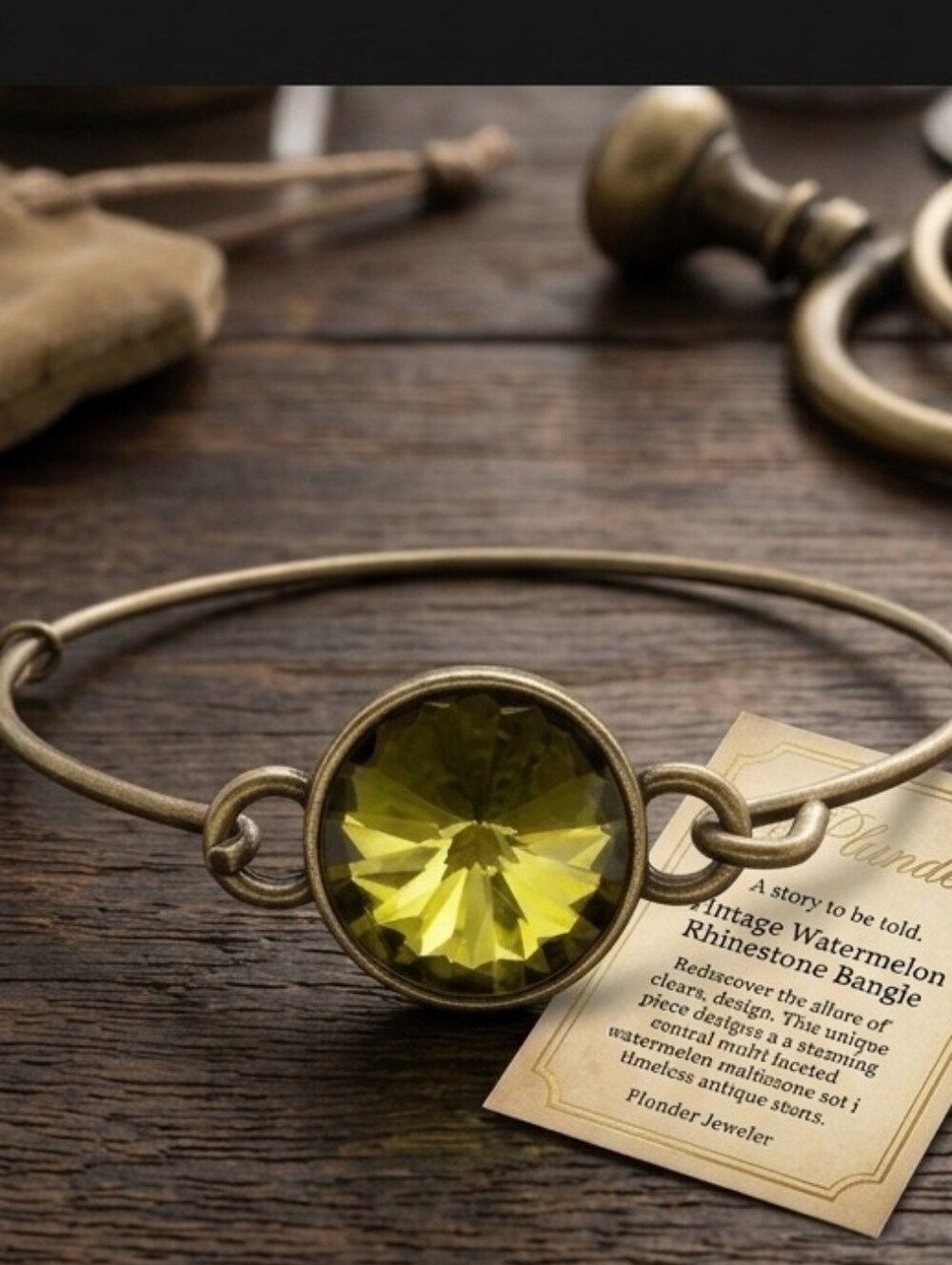 Plunder Olive Green Rhinestone Bangle Bracelet with Brass Finish